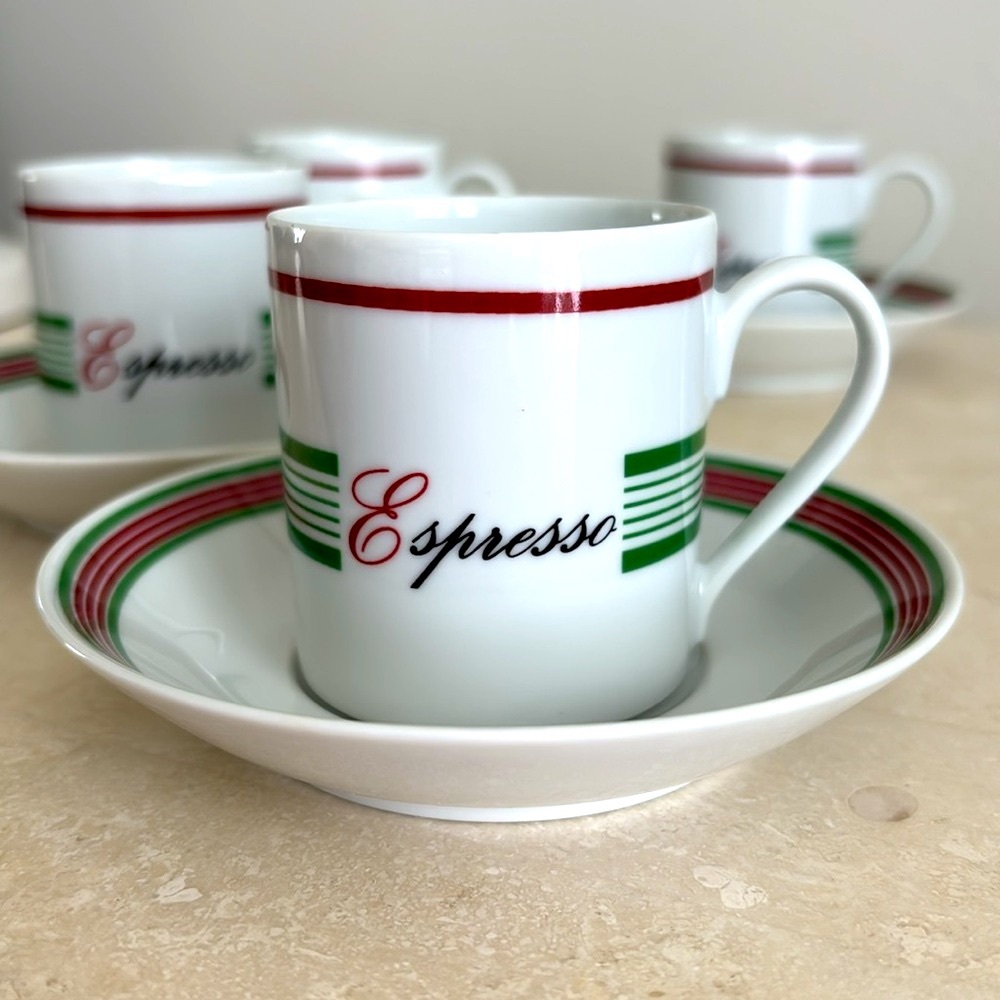 Crown Porcelain Demitasse set of 4 Espresso Cups and Saucers White Red Green